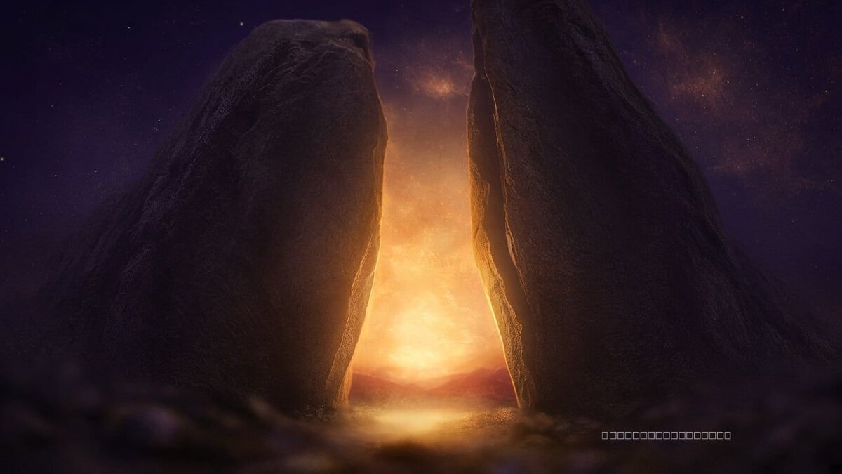 A gold doorway of light opens in indigo twilight, two dark sides held apart.