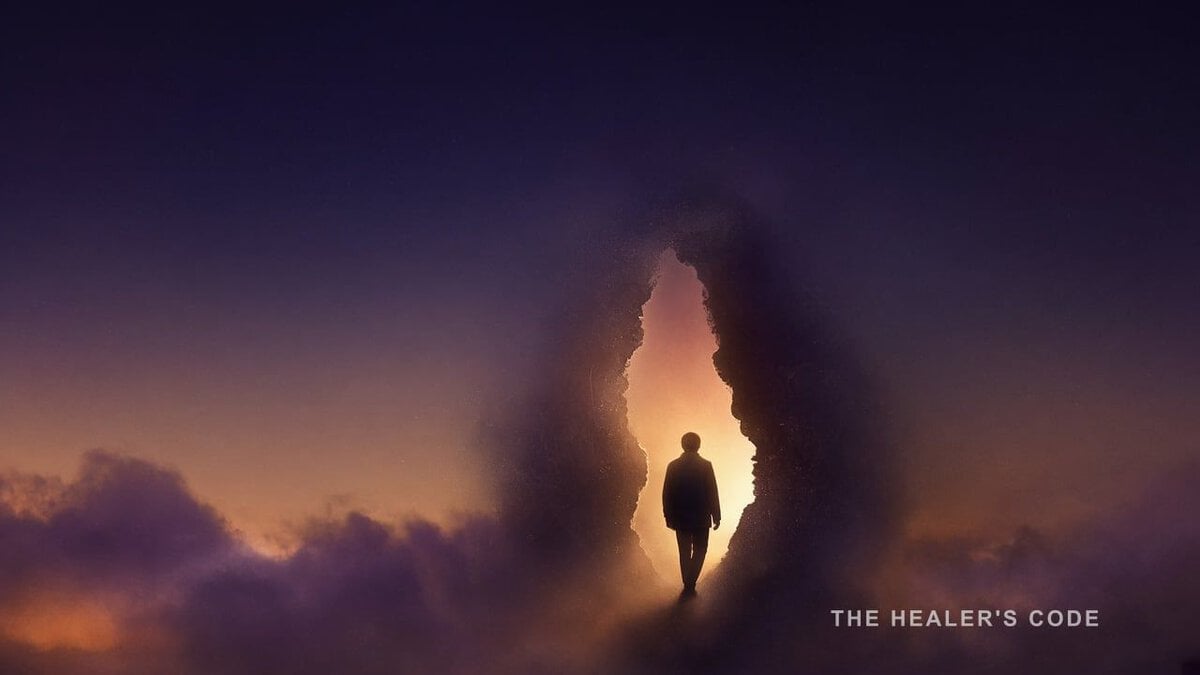 A silhouetted figure stepping through a gold aperture in indigo space