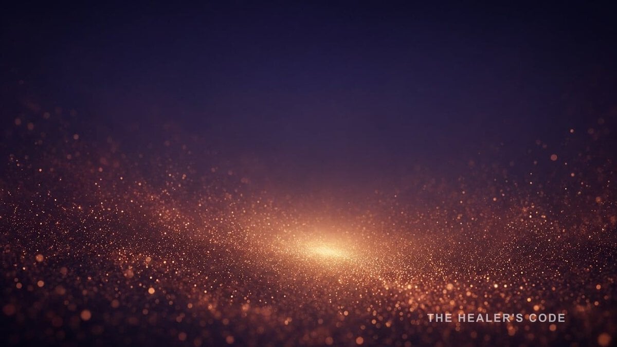 A field of gold light particles dissolving into receding indigo twilight haze