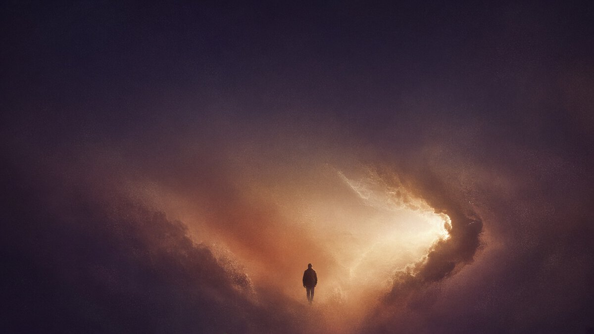 Square cover artwork,, high contrast. The subject is a silhouetted human figure against light. The figure is stepping