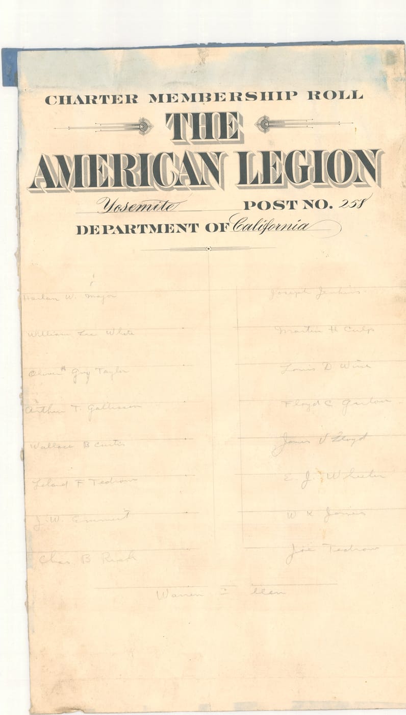 Charter Membership Roll The American Legion Yosemite Post No. 258