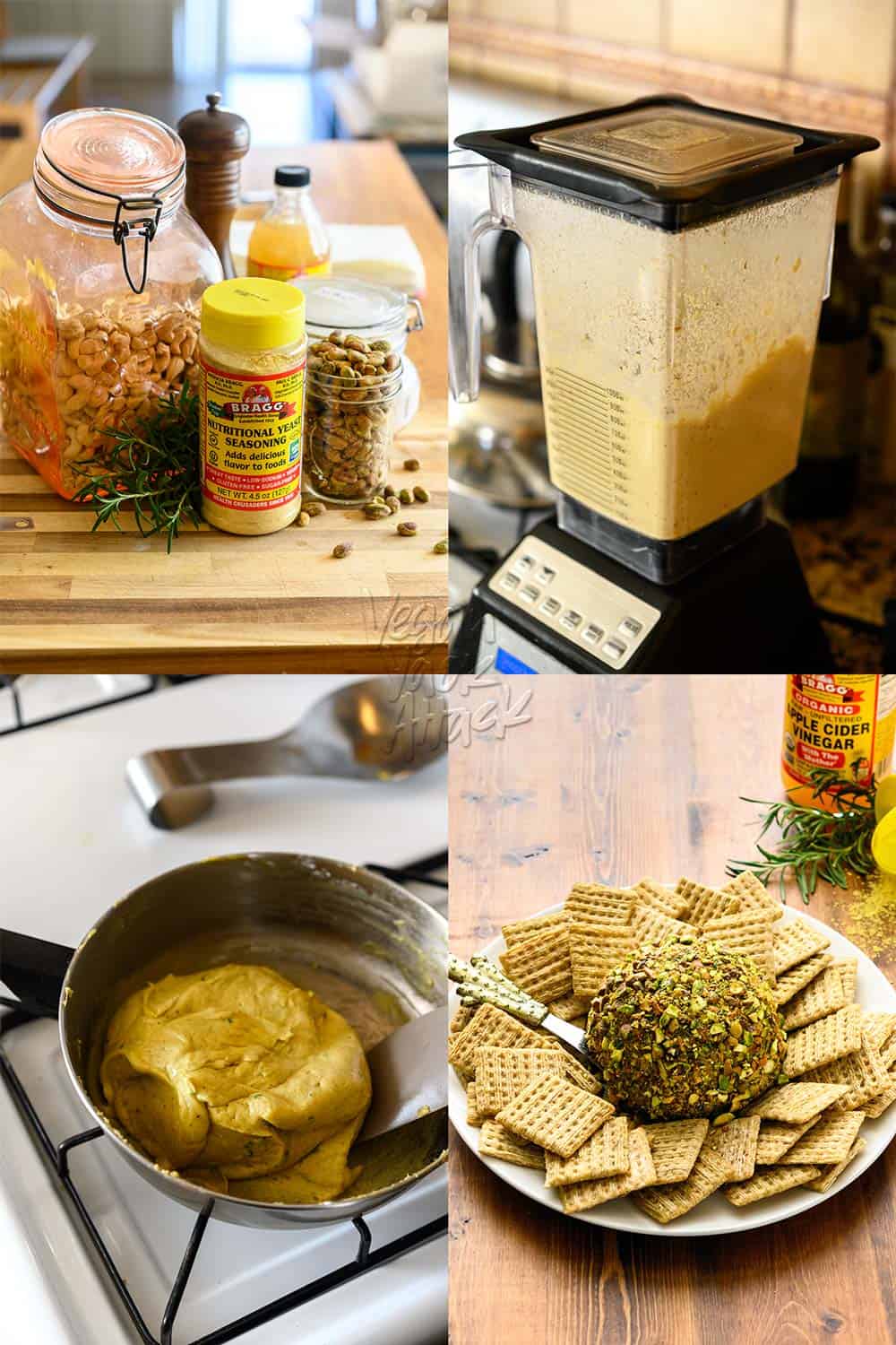 Step-by-step images of making vegan pistachio-rosemary Cheese ball. 1, ingredients, 2, blending, 3, heating in pan, 4, final dish on plate