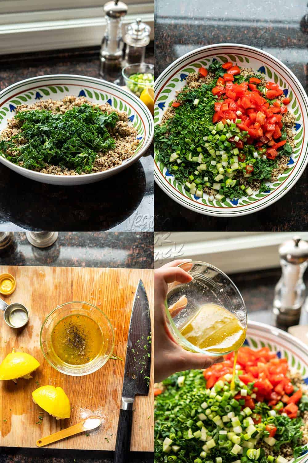 Image collage: combining quinoa and kale, then adding more ingredients and dressing