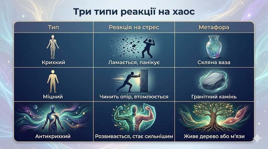 Порівняльна таблиця трьох типів реакції на хаос: крихкий (ламається), міцний (чинить опір) та антикрихкий (розвивається). Психологічна інфографіка з метафорами скляної вази, каменю та живого дерева.