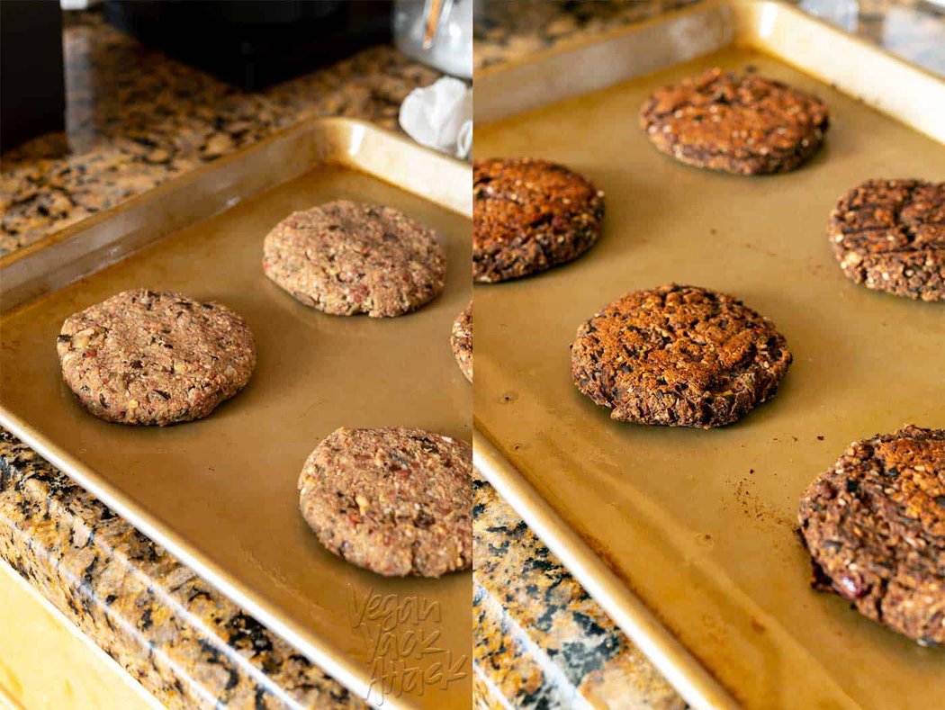Image collage of eggplant burger patties before and after baking