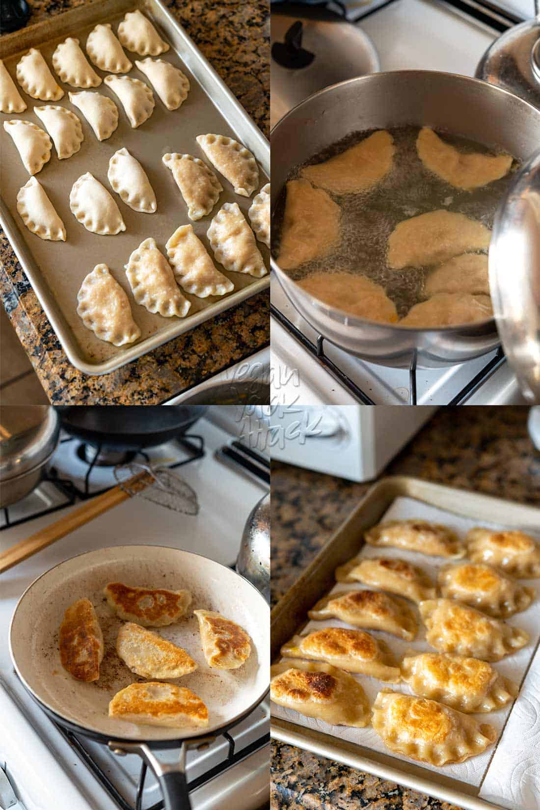 Image collage of boiling and frying potato pierogi