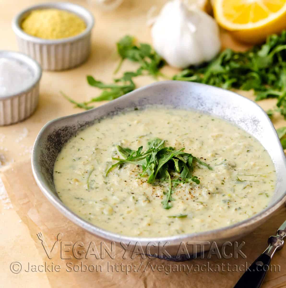 A light, filling creamy 3-in-1 Artichoke Arugula Soup that’s healthy and combines artichoke hearts and arugula! Vegan, Gluten-free