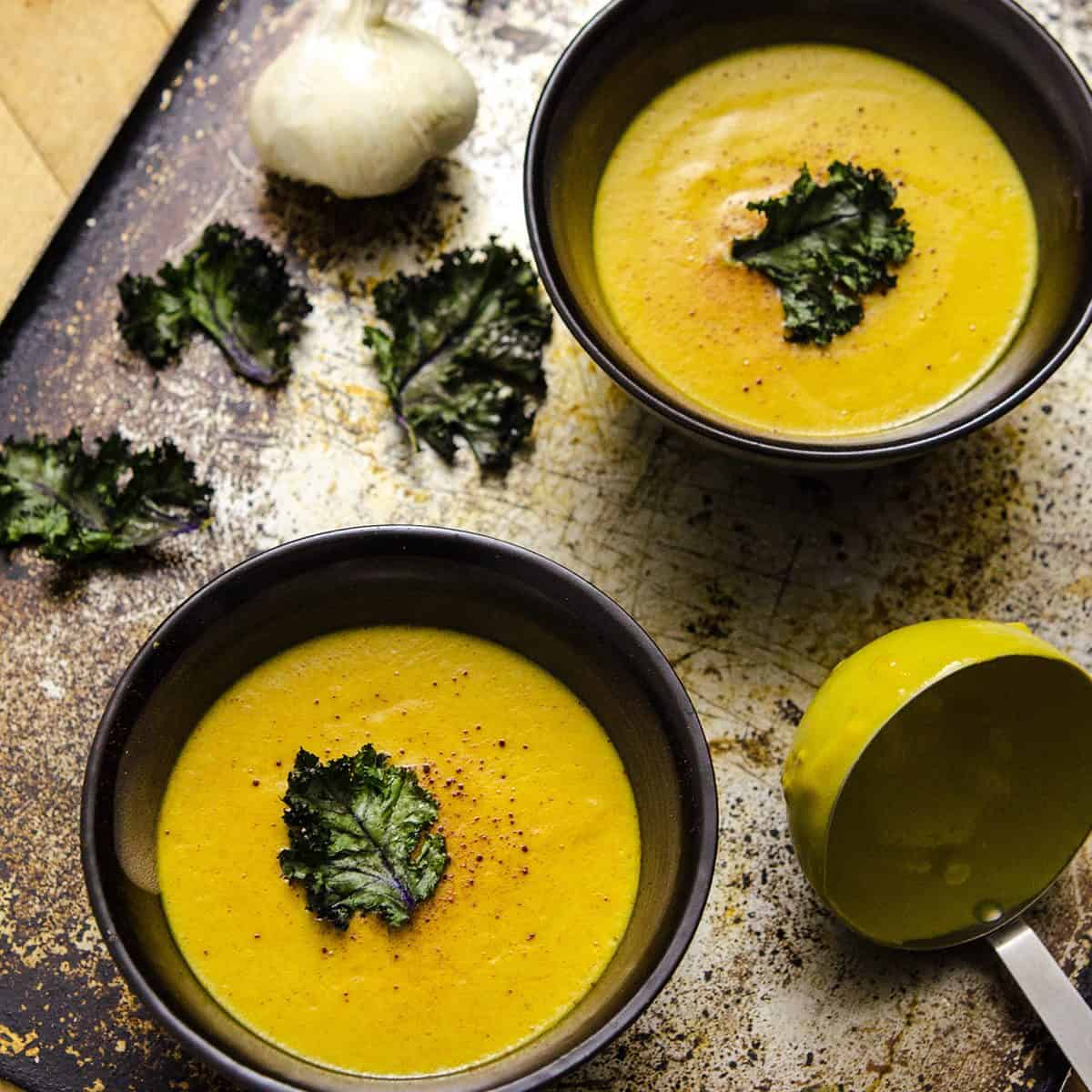 A Smoky Pumpkin Bisque that is low on fat, high on protein, super-creamy and filled with pumpkin! Vegan, Dairy-free, Gluten-free