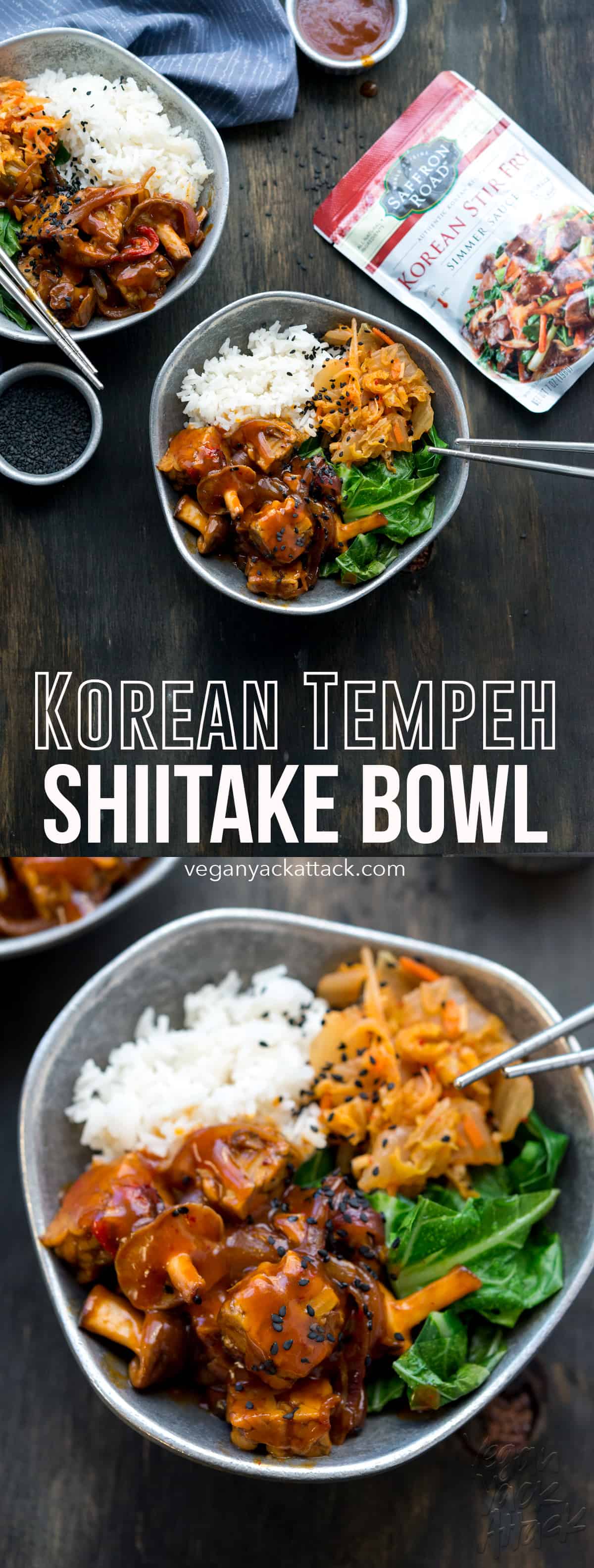 Korean-style tempeh rice bowl with kimchi in a pewter bowl on black table