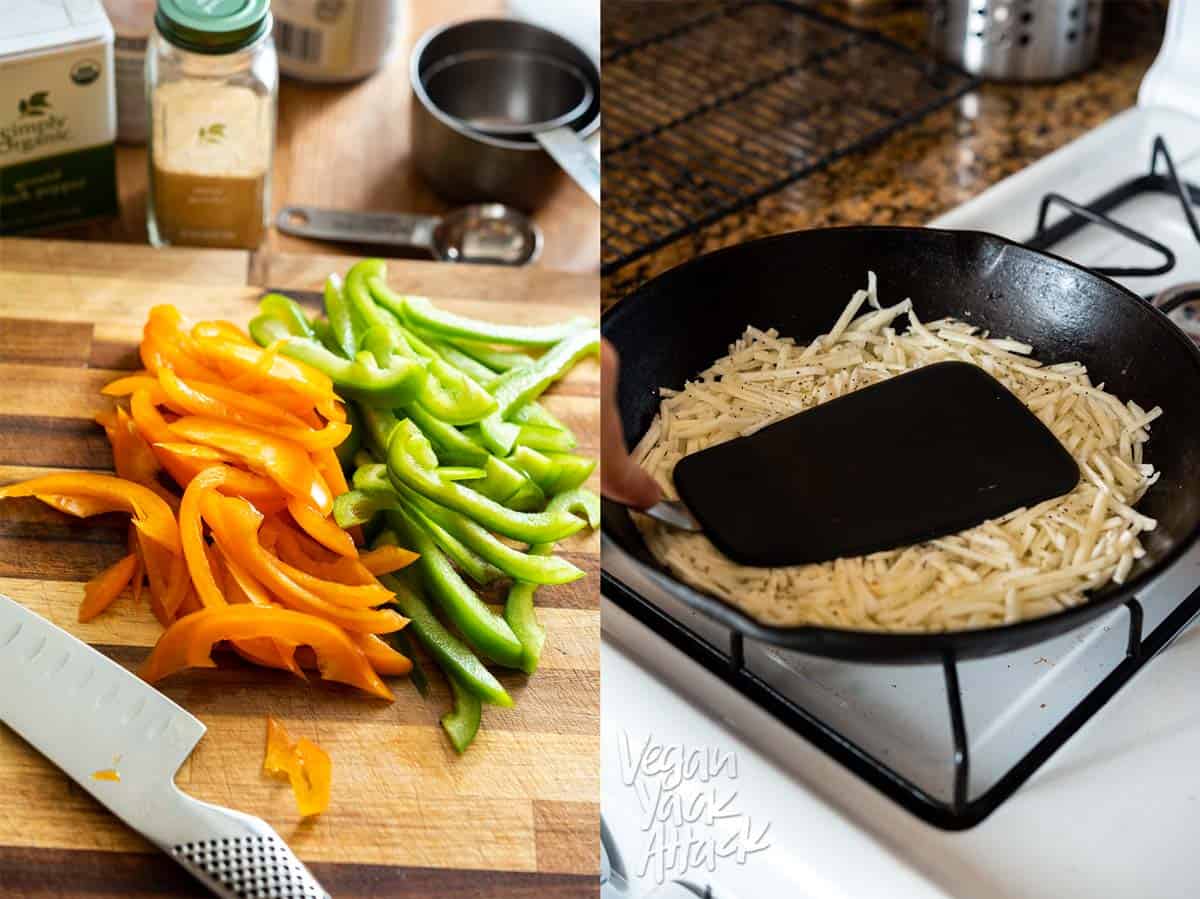 Slicing bell peppers and cooking hash browns