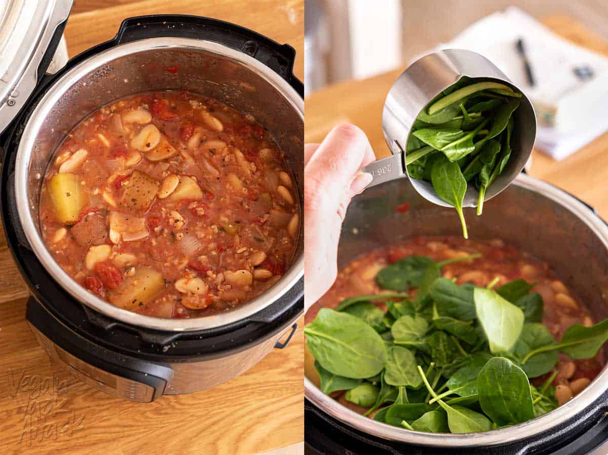 Two photos, side by side, of stew ingredients inside an Instant Pot insert