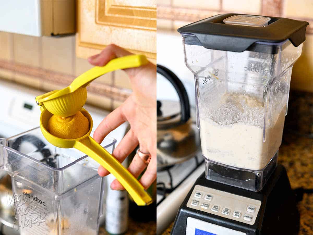 Using a citrus reamer to squeeze lemon juice into a blender pitcher on the left, and vegan cream cheese being pureed in a blender on the right