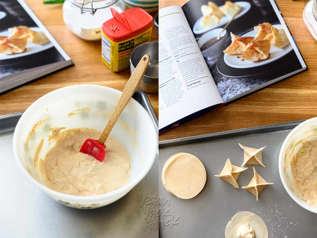 Vegan cream cheese in a bowl on the left, and assembling vegan Crab Rangoon on a baking sheet, next to an open cookbook, on the right.