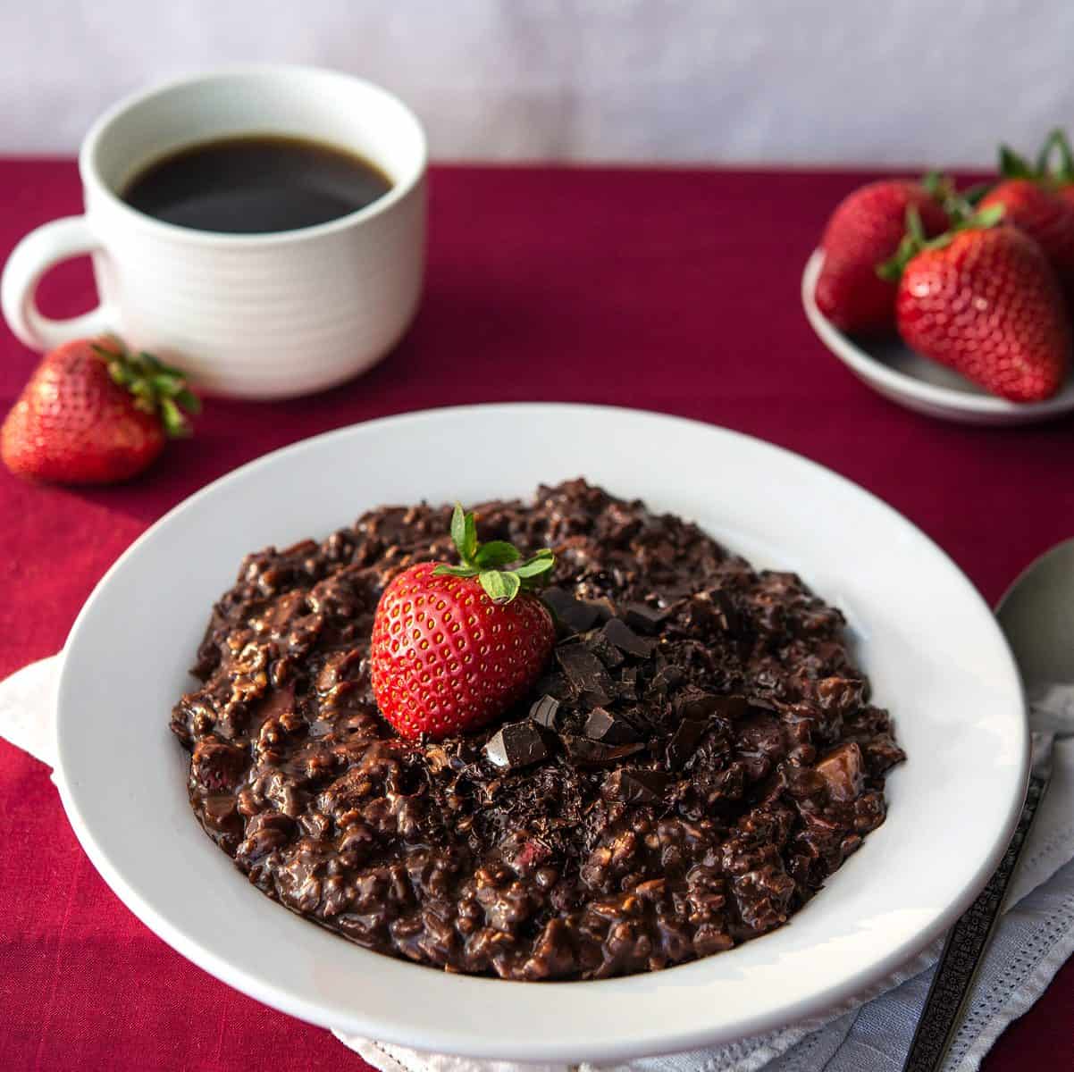 Chocolate-Covered Strawberry Oatmeal - A luscious and rich chocolate breakfast with sweet strawberries in every bite!