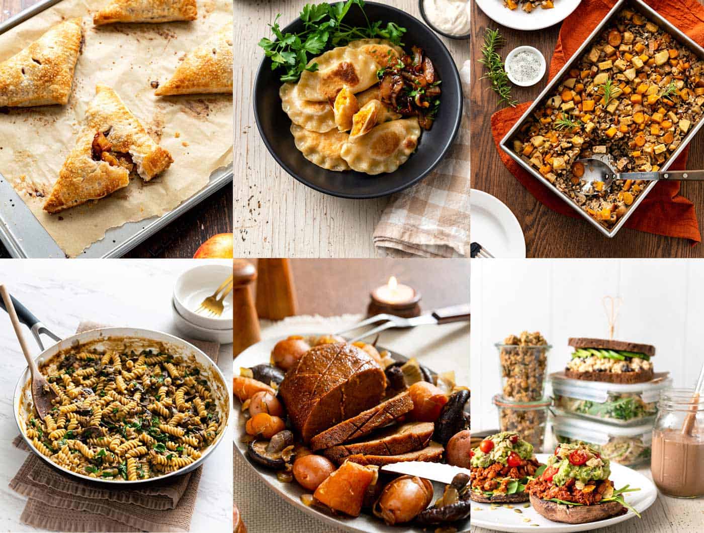 Image collage of various vegan recipes, like pierogi, seitan roast, meal prep, and pasta