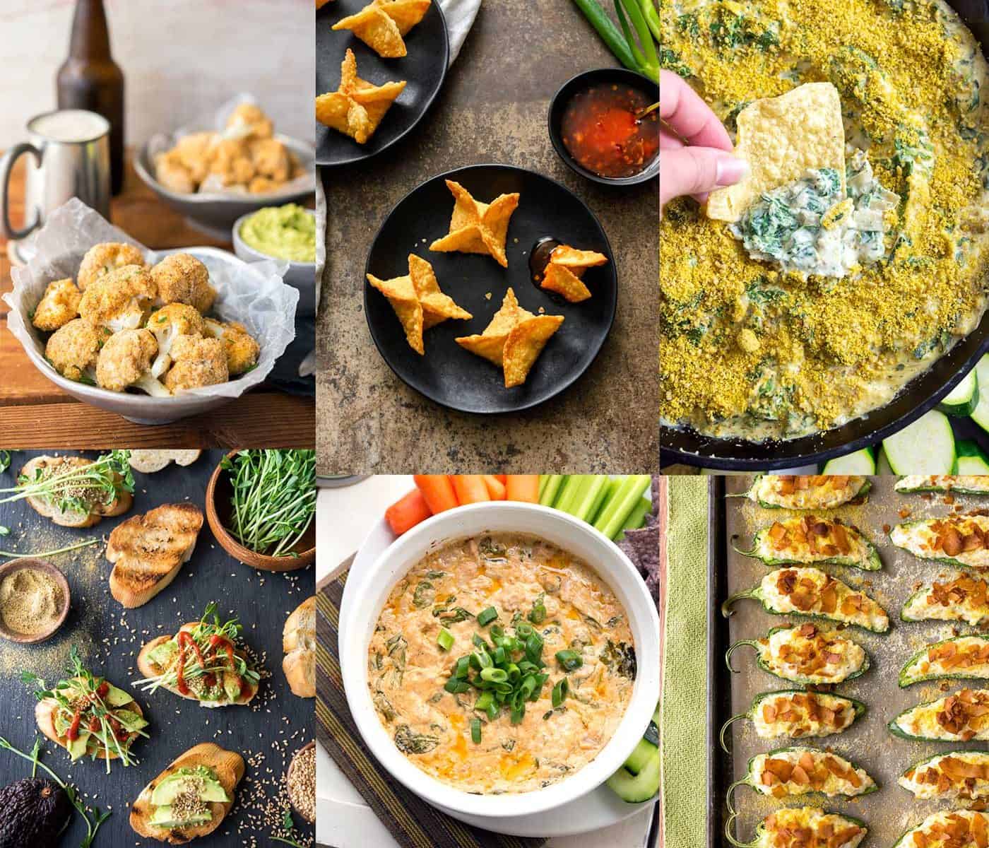 Image collage of several vegan appetizers including crostini, dip, baked cauliflower, and jalapeño poppers