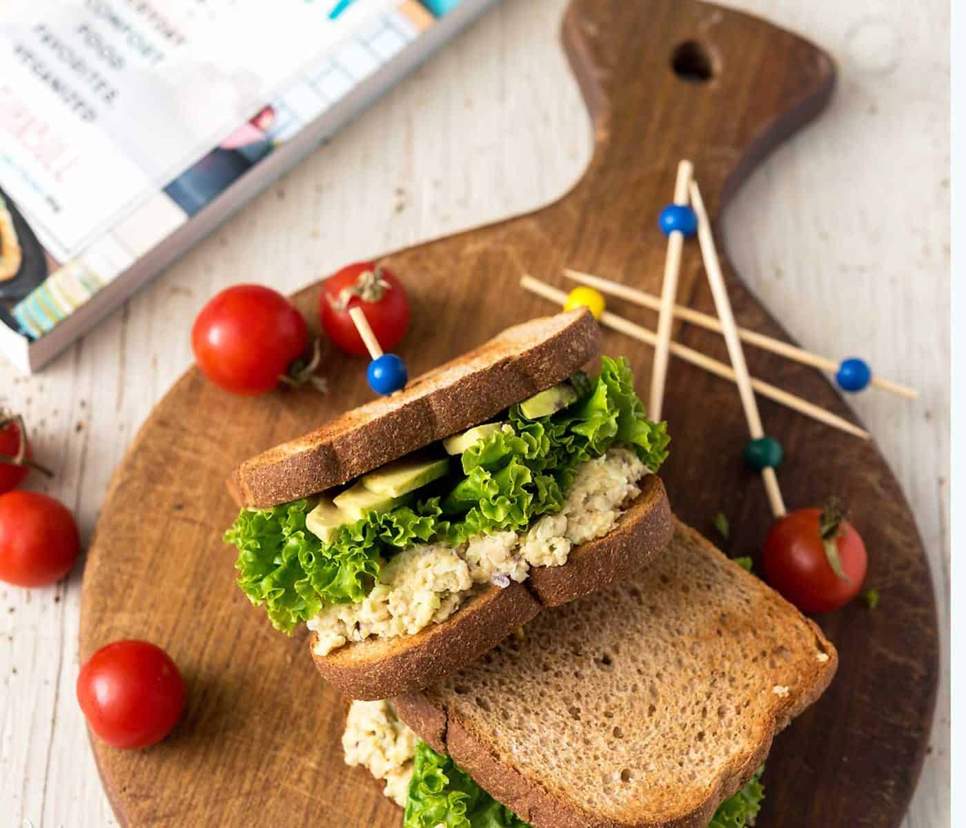 This Chickpea Salad Sandwich from Sam Turnbull's Fuss-Free Vegan cookbook is exactly that - fuss-free! It makes for an easy and delicious lunch. #vegan #glutenfreeoption #lunch #backtoschool