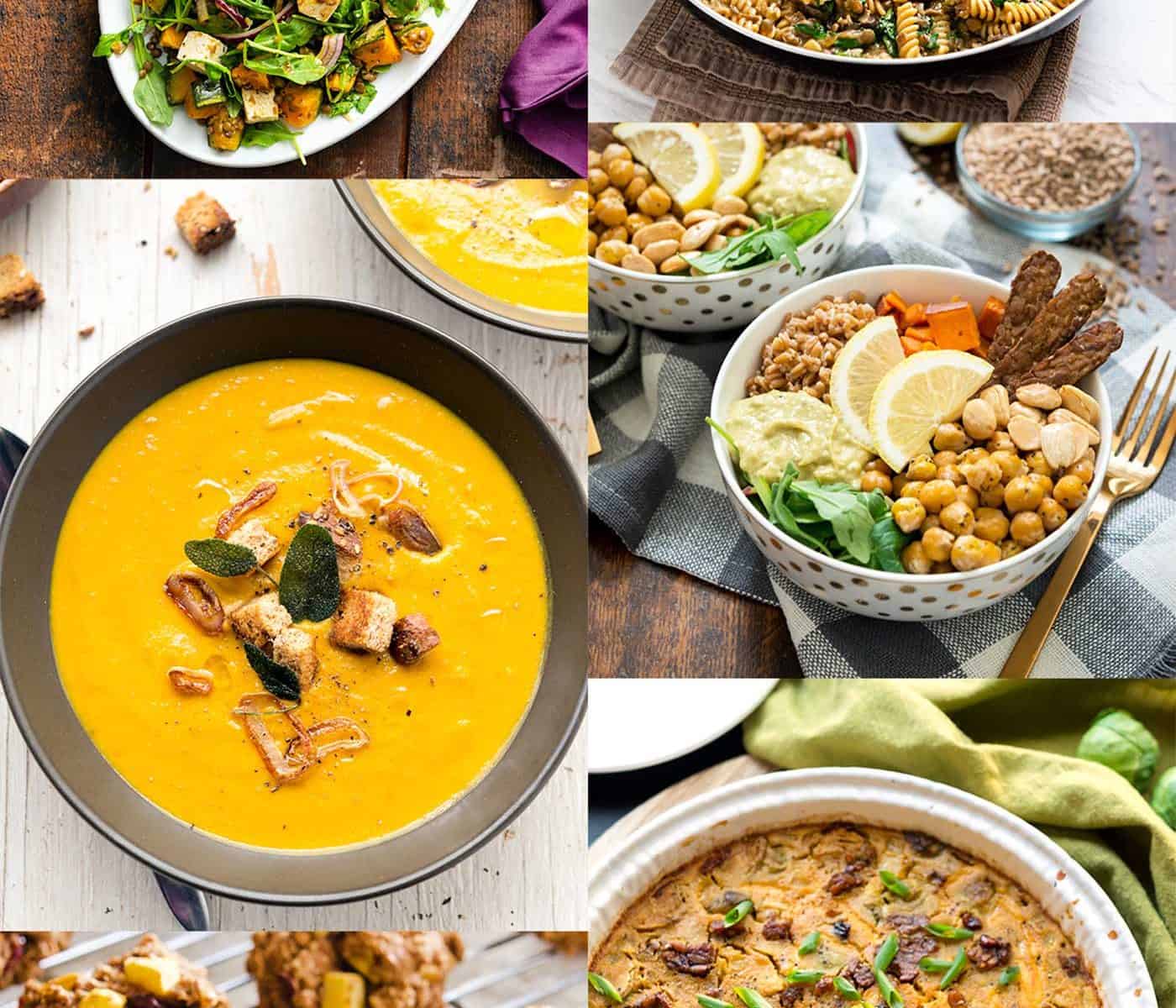 Image collage of autumn seasonal vegan dishes, including soup, pasta, quiche, cookies, and salad