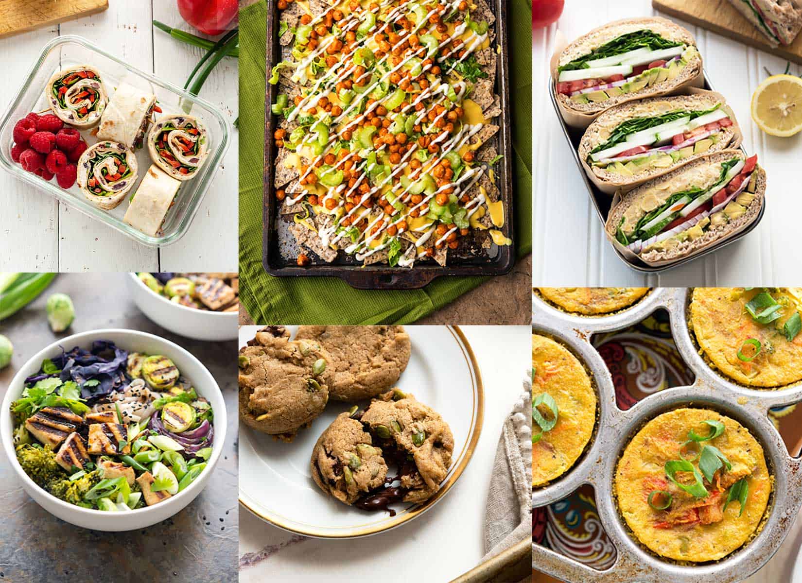 Image collage of several easy vegan recipes, like nachos, cookies, sandwiches and soup
