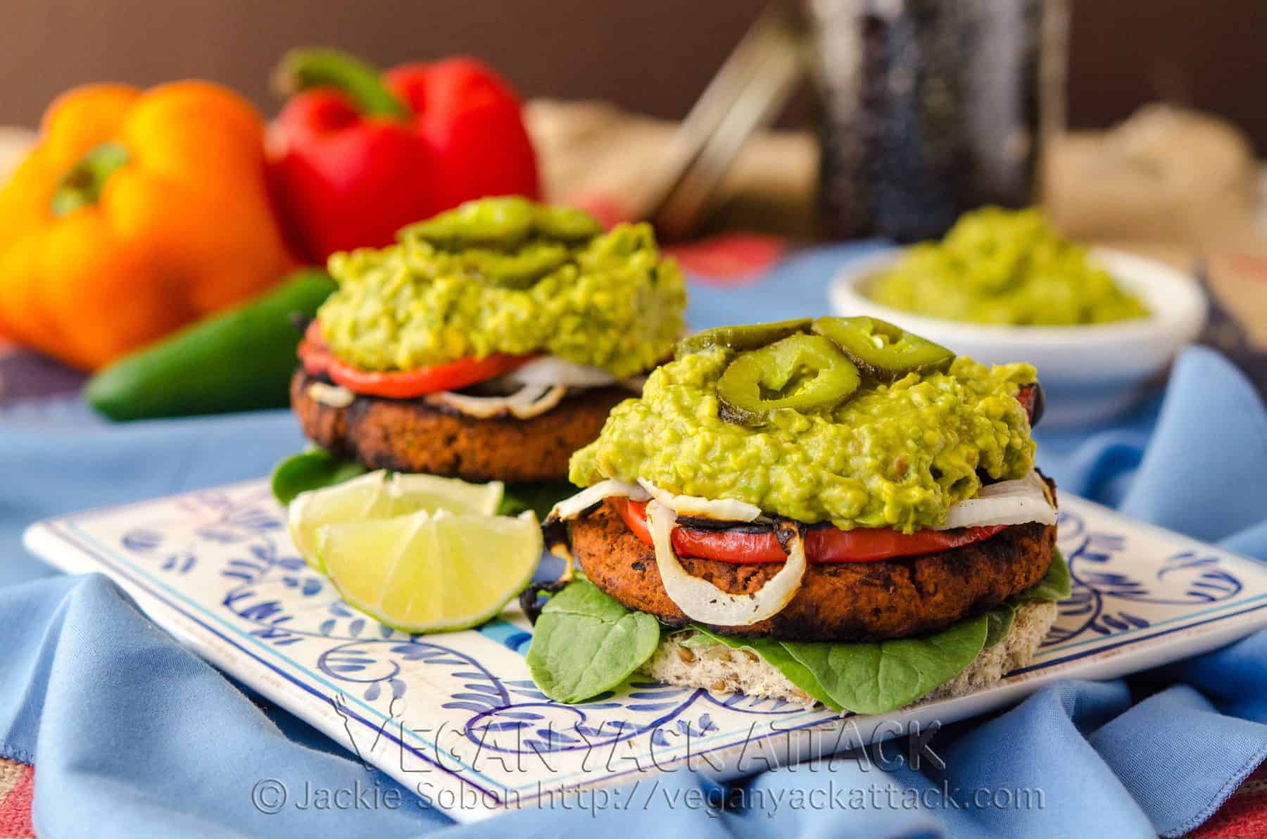 A flavorful, homemade, Soyrizo Guacamole Burger, topped with with an easy guac recipe and grilled veggies! Vegan, Nut-free, Gluten-free Option