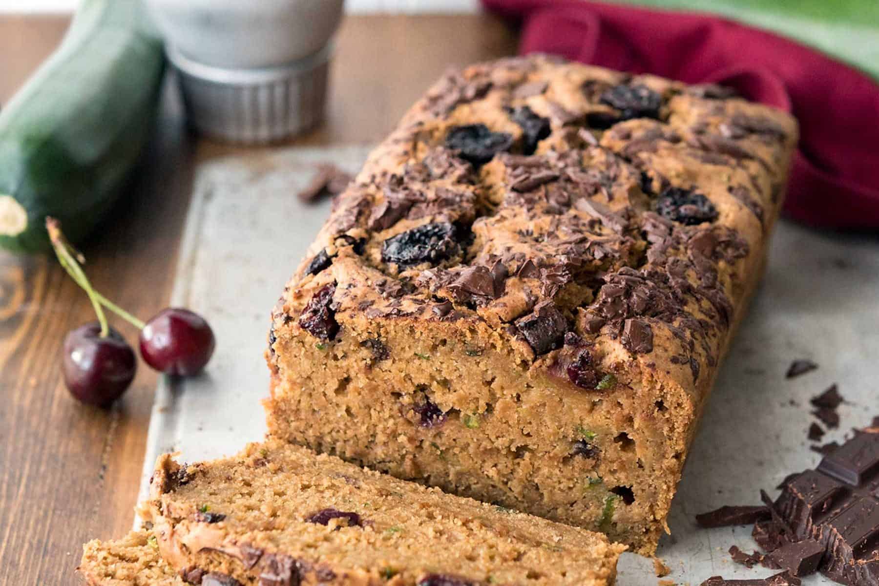 Cherry Chocolate Zucchini Bread! A fantastic way to use some of that summer squash, and make a whole wheat breakfast loaf. Sweetened with coconut sugar! #vegan #soyfree #nutfree #veganyackattack