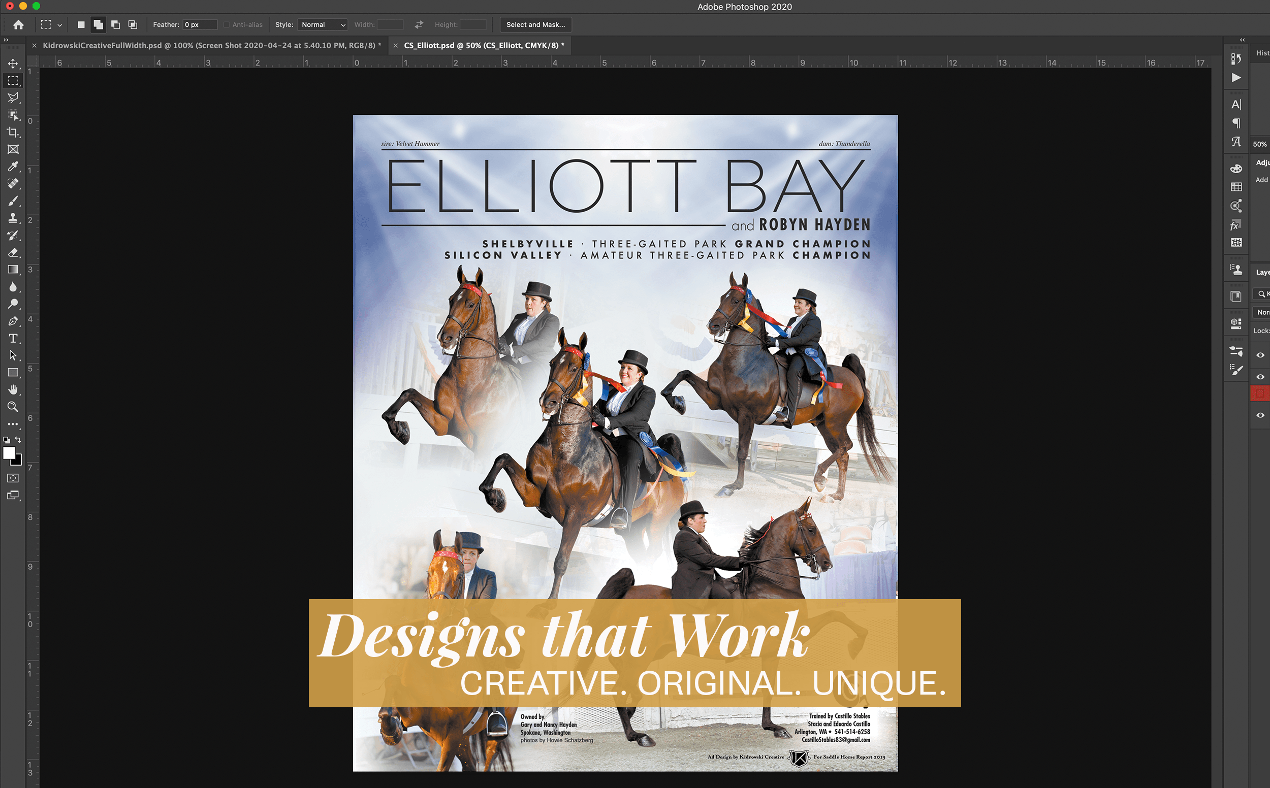 Kidrowski_Creative_equestrian_graphic_ad_design Equestrian ad design layout with the words "Designs that Work" overlaid on top.