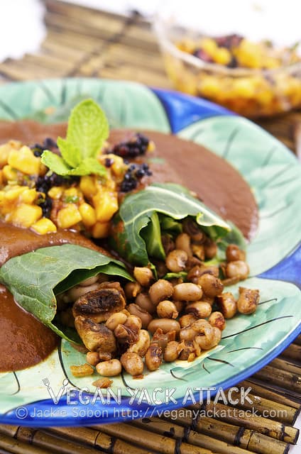 Black-Eyed Pea Collard Enchiladas with Mole Sauce