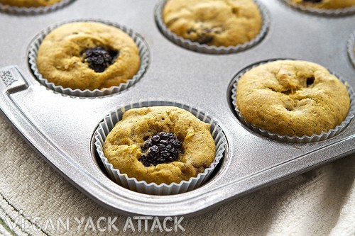 Moist mango blackberry muffins with occasional crunches of pistachios are great for breakfast or a snack! Vegan, soy-free