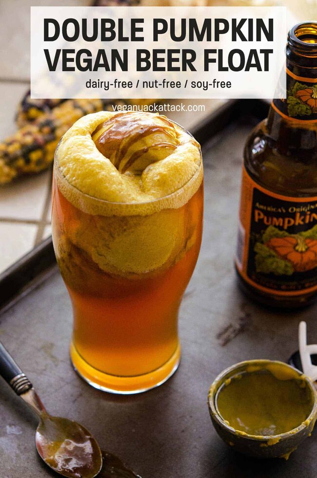 To debut my newest creation, The Great Vegan Pumpkin eBook, I'm sharing one of my favorite recipes from it! You'll love this decadent, Double Pumpkin Beer Float, with homemade pumpkin ice cream. Close up of Double Pumpkin Beer Float in a pint glass