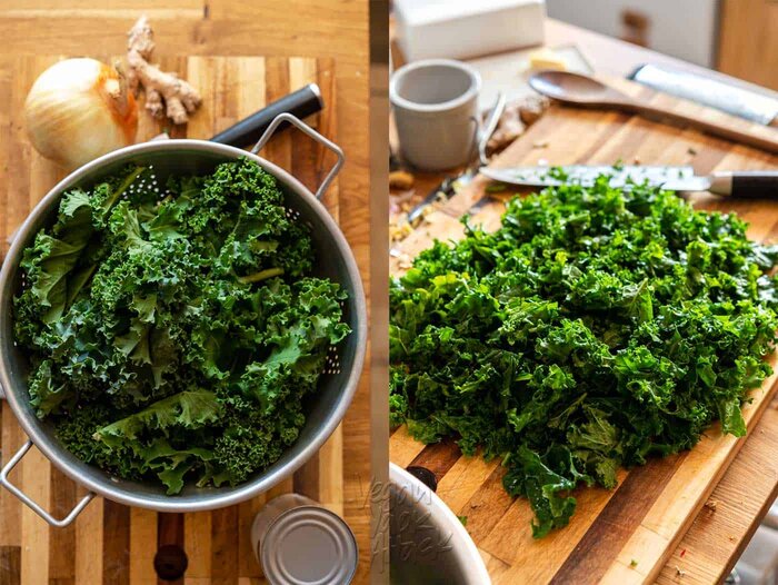 Image collage of recipe ingredients including chopped kale, onion, and ginger.