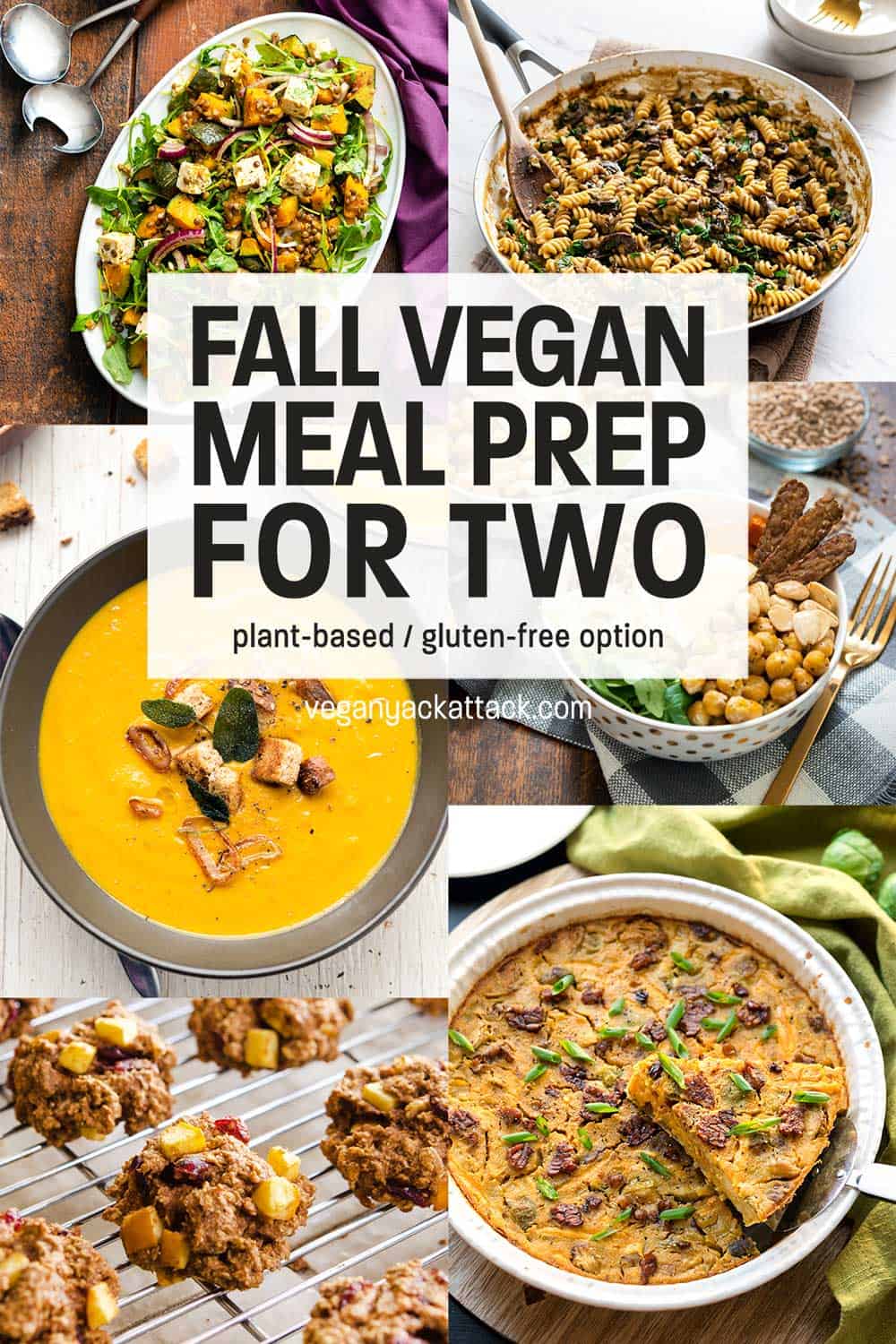 Image collage of vegan dishes with text reading "Fall Vegan Meal Prep for Two"