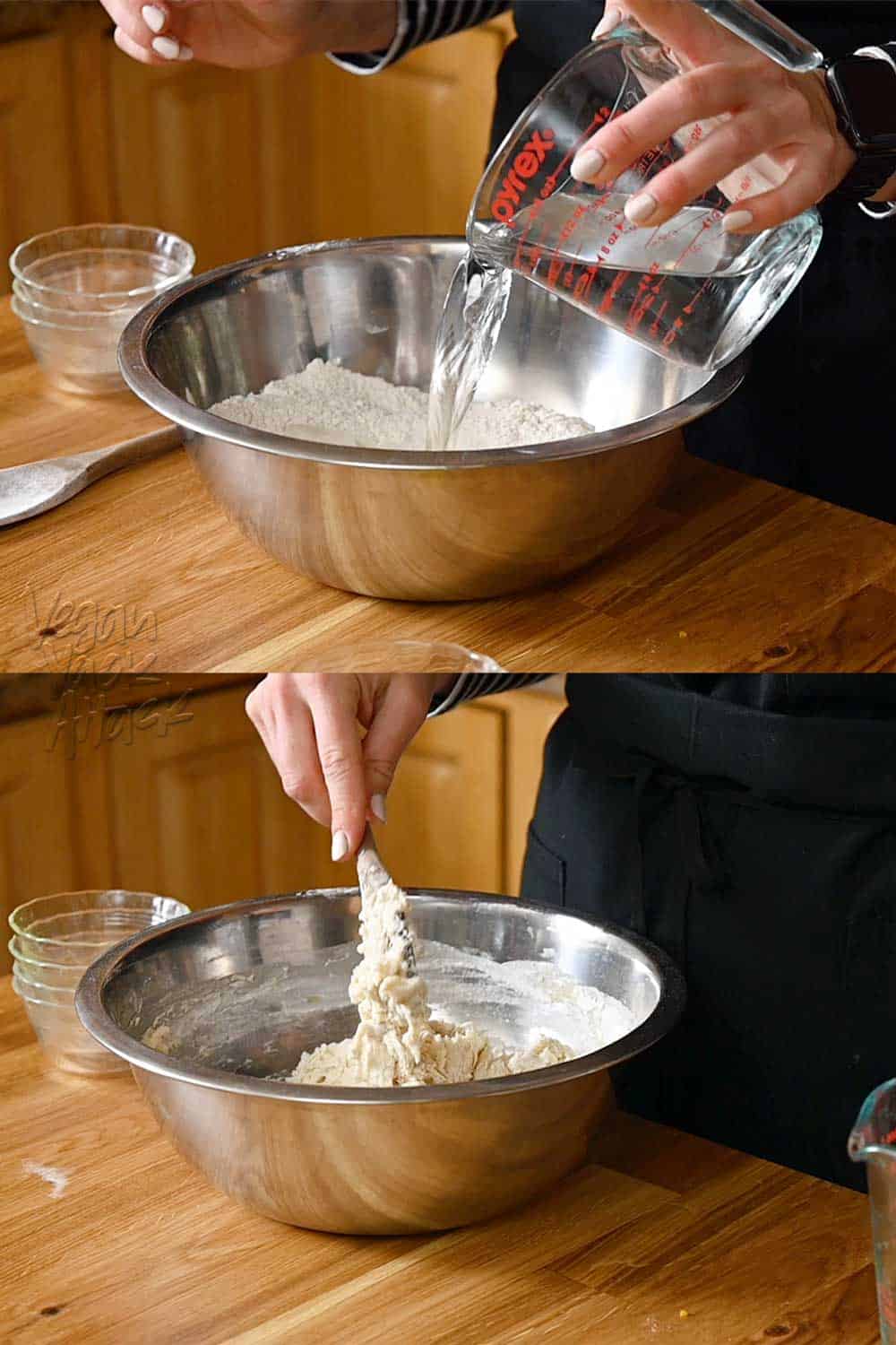 Image collage of adding water to flour and mixing dough in steel bowl