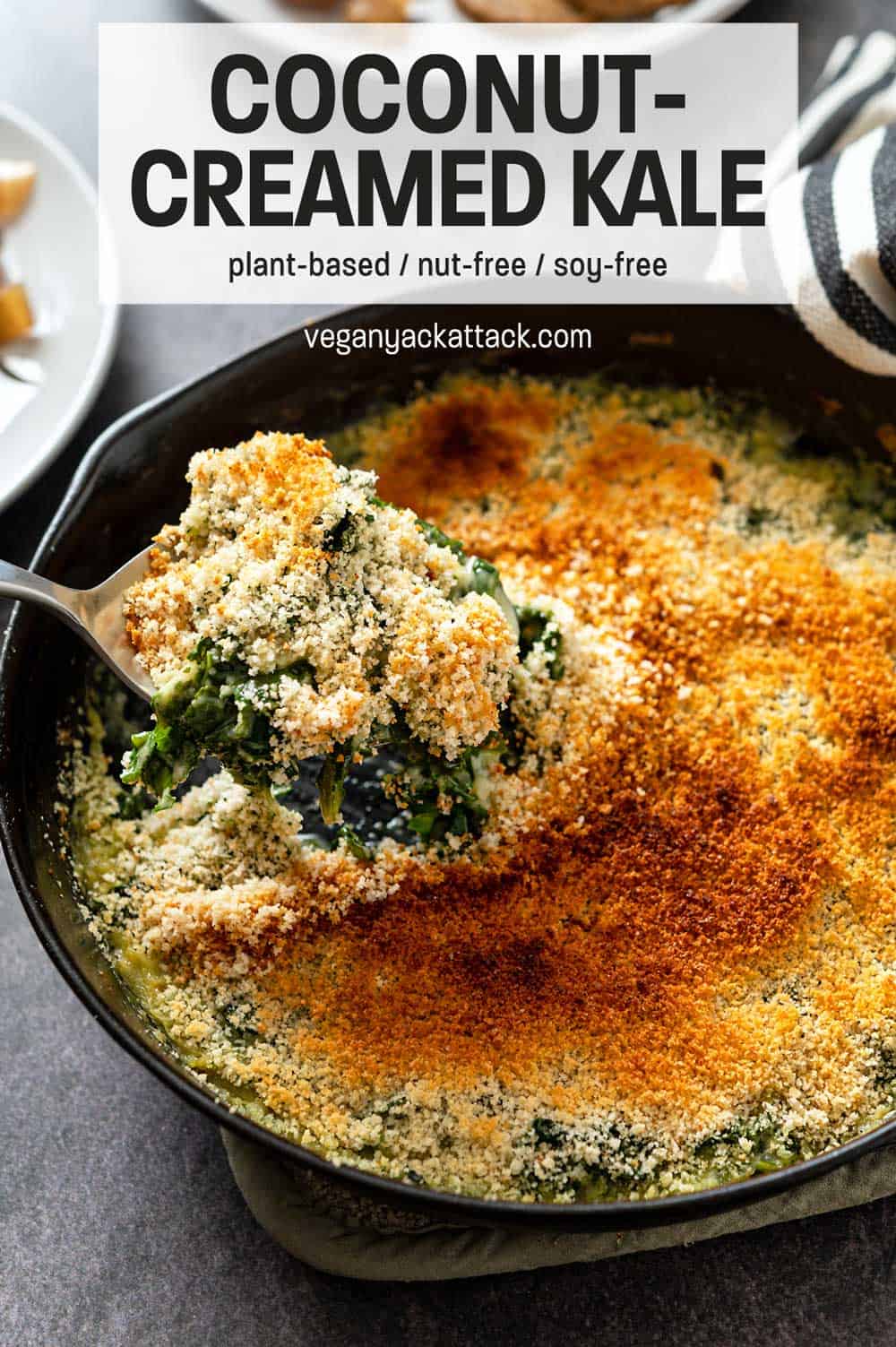 Spoon scooping creamed kale out of a cast iron skillet with text reading "Vegan Coconut-Creamed Kale"