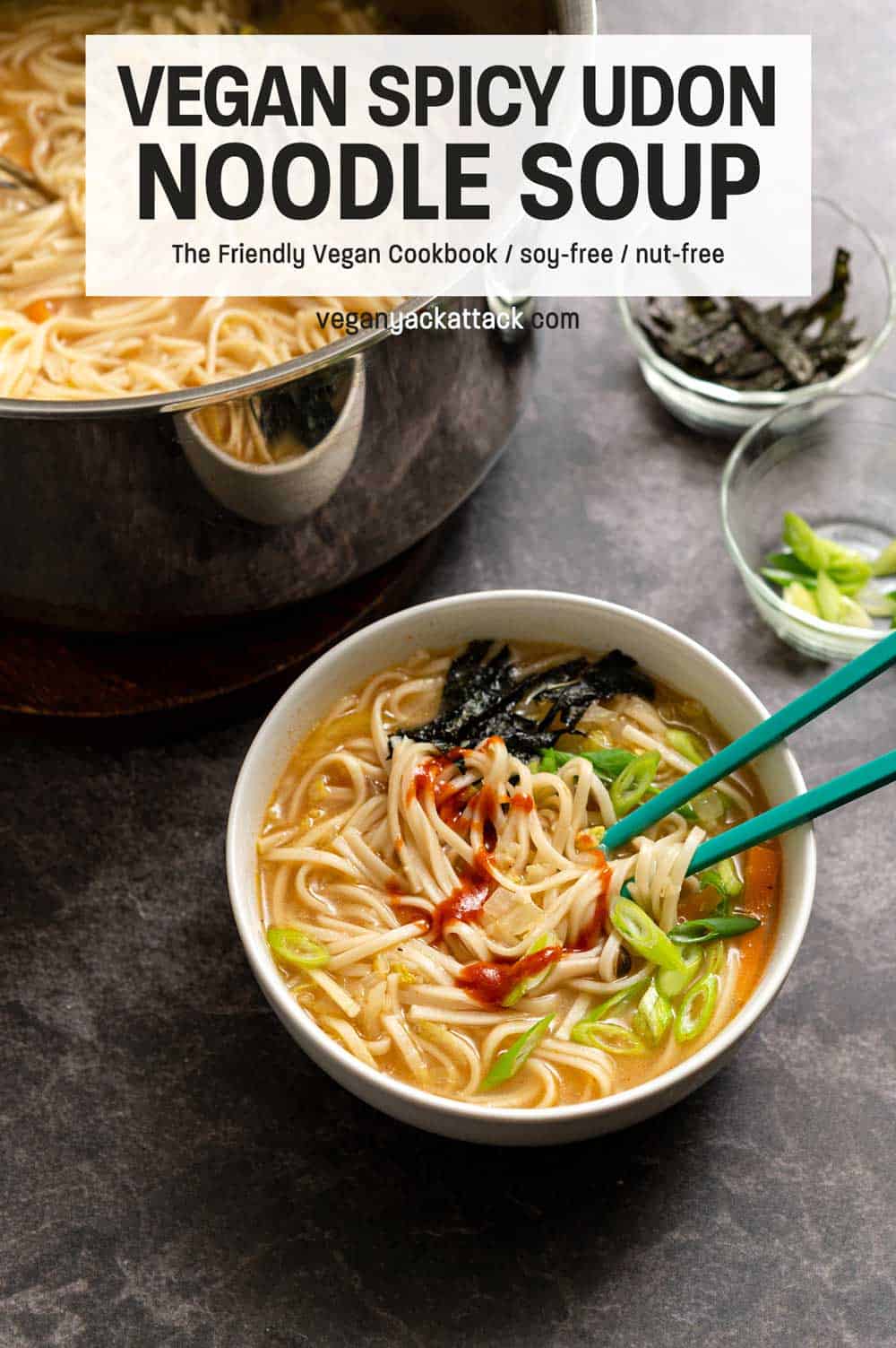 Noodle soup in a large white bowl with teal chopsticks and text reading "Vegan Spicy Udon Noodle Soup"