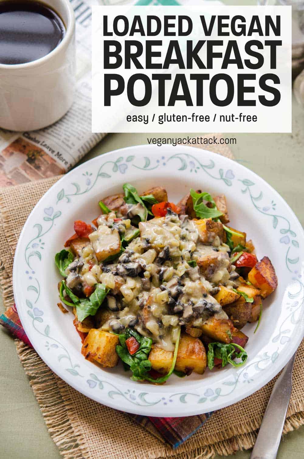 Bowl of Loaded Breakfast Potatoes with fork on burlap material