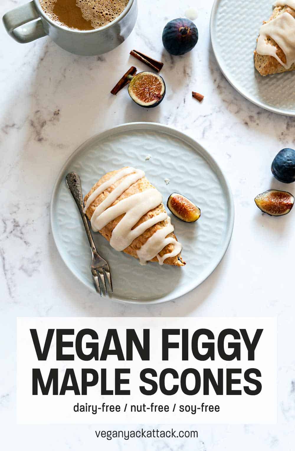 Vegan Glazed Figgy Maple Scones on two small gray plates and marble table top