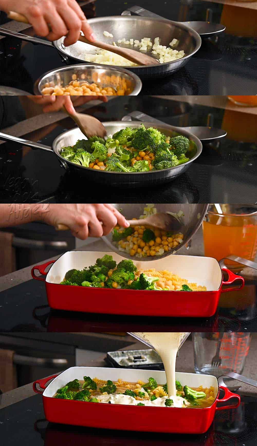 Image collage of assembling casserole in a baking dish