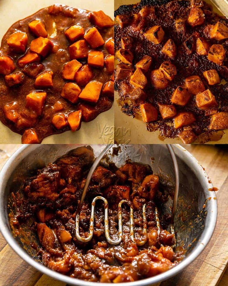 Image collage of roasting persimmons in brown sugar, then mashing them