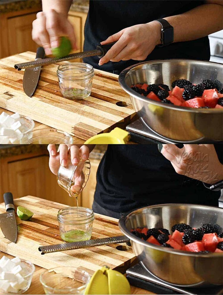 Image collage of zesting lime and adding agave nectar to vinaigrette