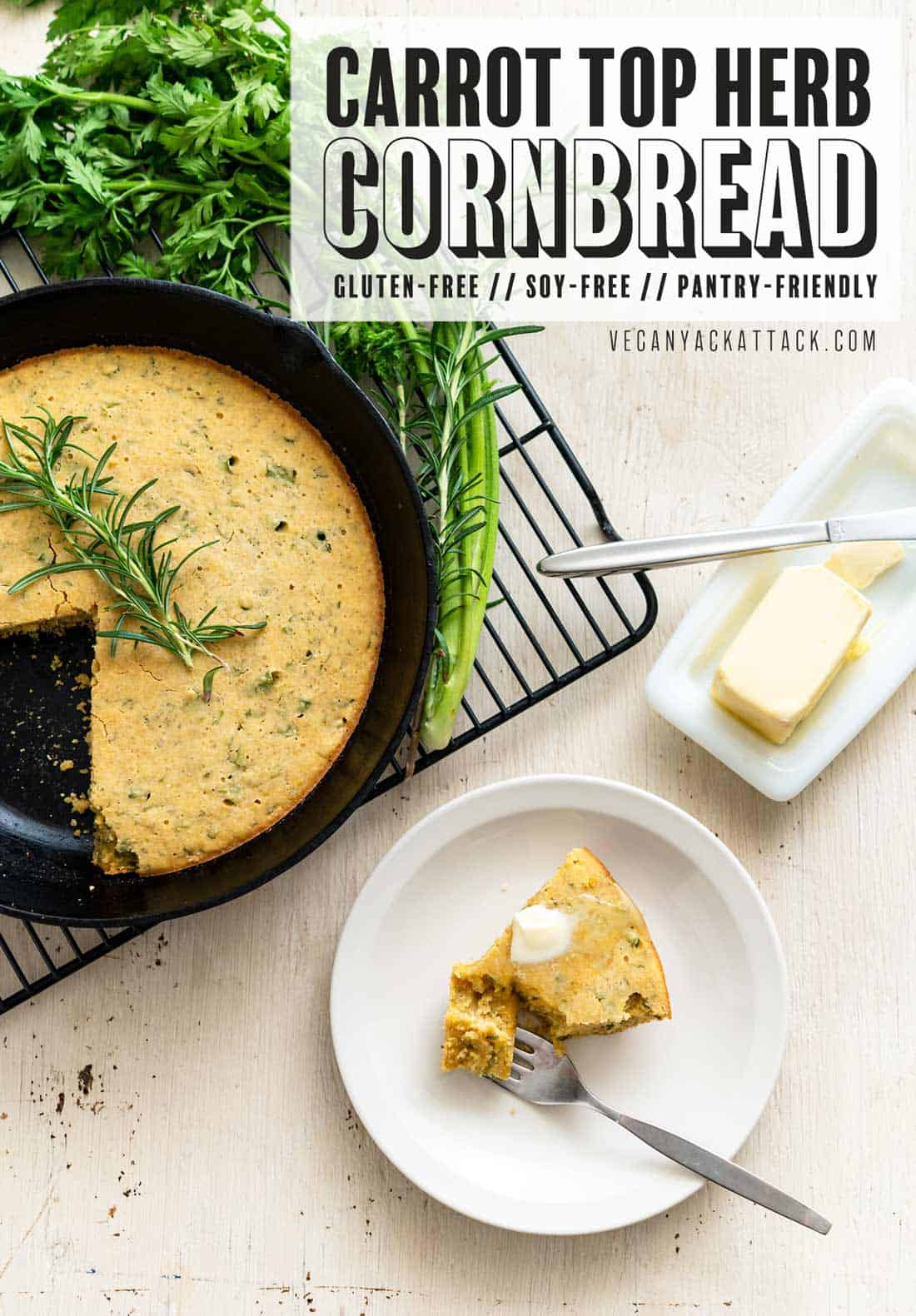 Image of skillet cornbread on a cooling rack with a slice taken out, with text reading "Carrot Top Herb Cornbread"
