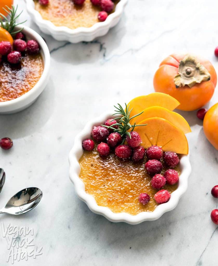 Looking for a stunning holiday dessert that is easy-to-make? Check out this impressive, vegan Persimmon Crème Brûlée with Sugared Cranberries! Made with Silk’s Vanilla Almond Creamer. #SilkCreamer #glutenfree #soyfree