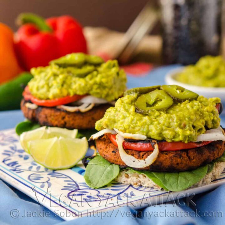 A flavorful, homemade, Soyrizo Guacamole Burger, topped with with an easy guac recipe and grilled veggies! Vegan, Nut-free, Gluten-free Option