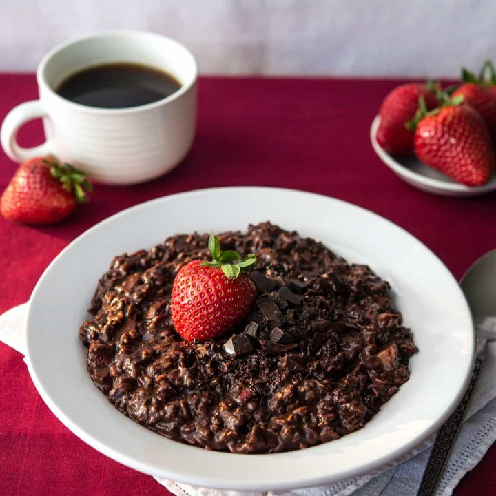 Chocolate-Covered Strawberry Oatmeal - A luscious and rich chocolate breakfast with sweet strawberries in every bite!