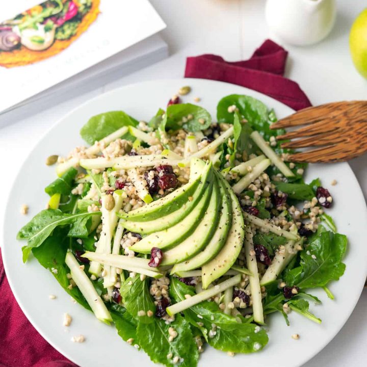 Buckwheat Green Apple Cranberry Avocado Salad - Sweet and savory, with creamy avocado to make this filling and refreshing! From the Blissful Basil cookbook #honoryourbliss #vegan #glutenfree #soyfree #nutfree