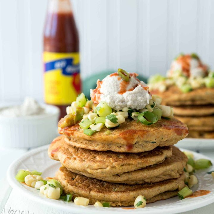 Zucchini Corn Cakes with Green Tomato Relish + Sunflower Sour Cream! A wonderful, savory, summer breakfast. #vegan #soyfree #nutfree #veganyackattack