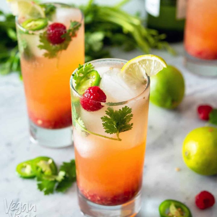 This Pineapple Raspberry Wine Spritzer is perfect for keep you cool during these hot summer months! Sweet pineapple, tart raspberry, plus fresh herbs, white wine, and sparkling water; does it get any better? #vegan #spritzer #beverage