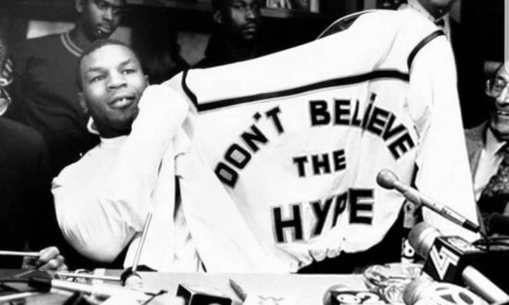 Mike Tyson with his Dapper Dan Don't Believe the Hype jacket