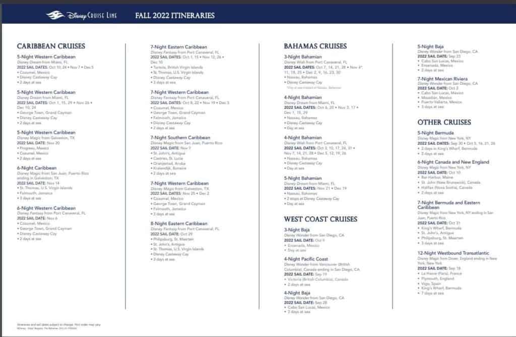 DCL Fall 2022 Itineraries