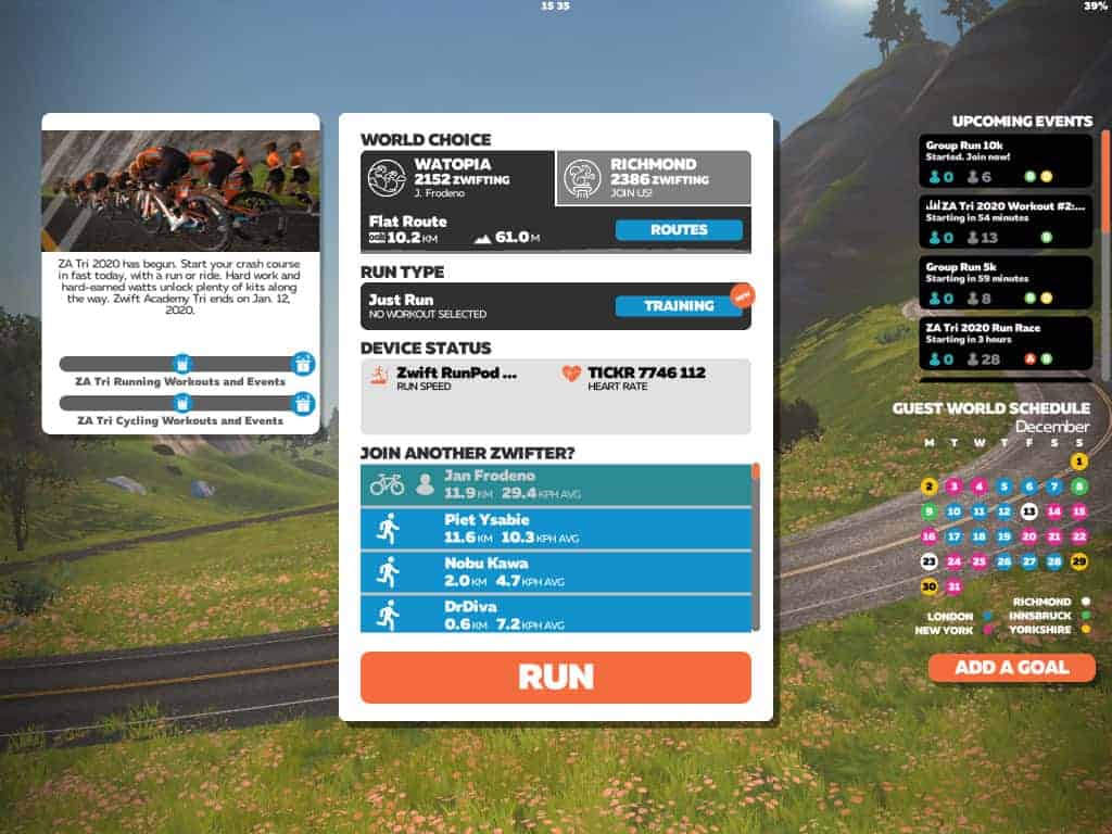 Auswahl der Laufstrecke auf Zwift