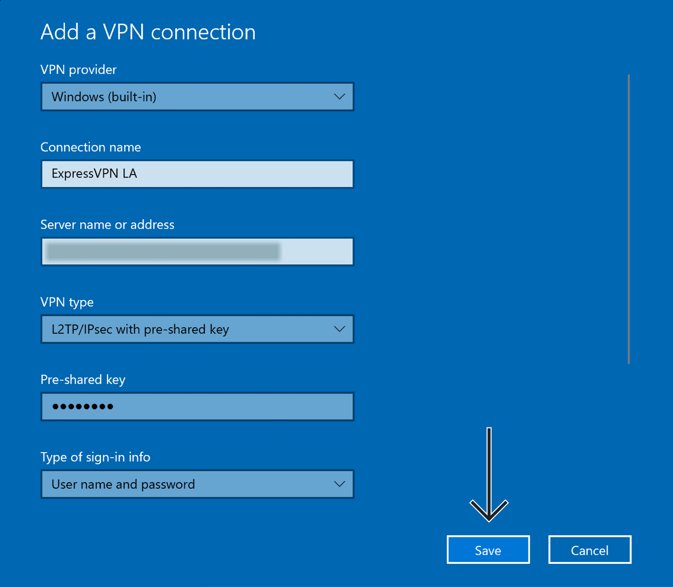 Enter the details for the L2TP VPN connection, then click “Save.”